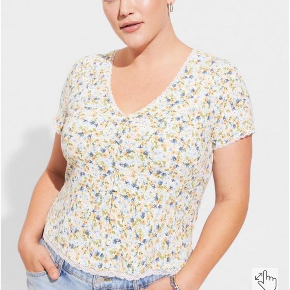 Torrid Fitted Supersoft Rib V-Neck Lace Trim Button Crop Tee